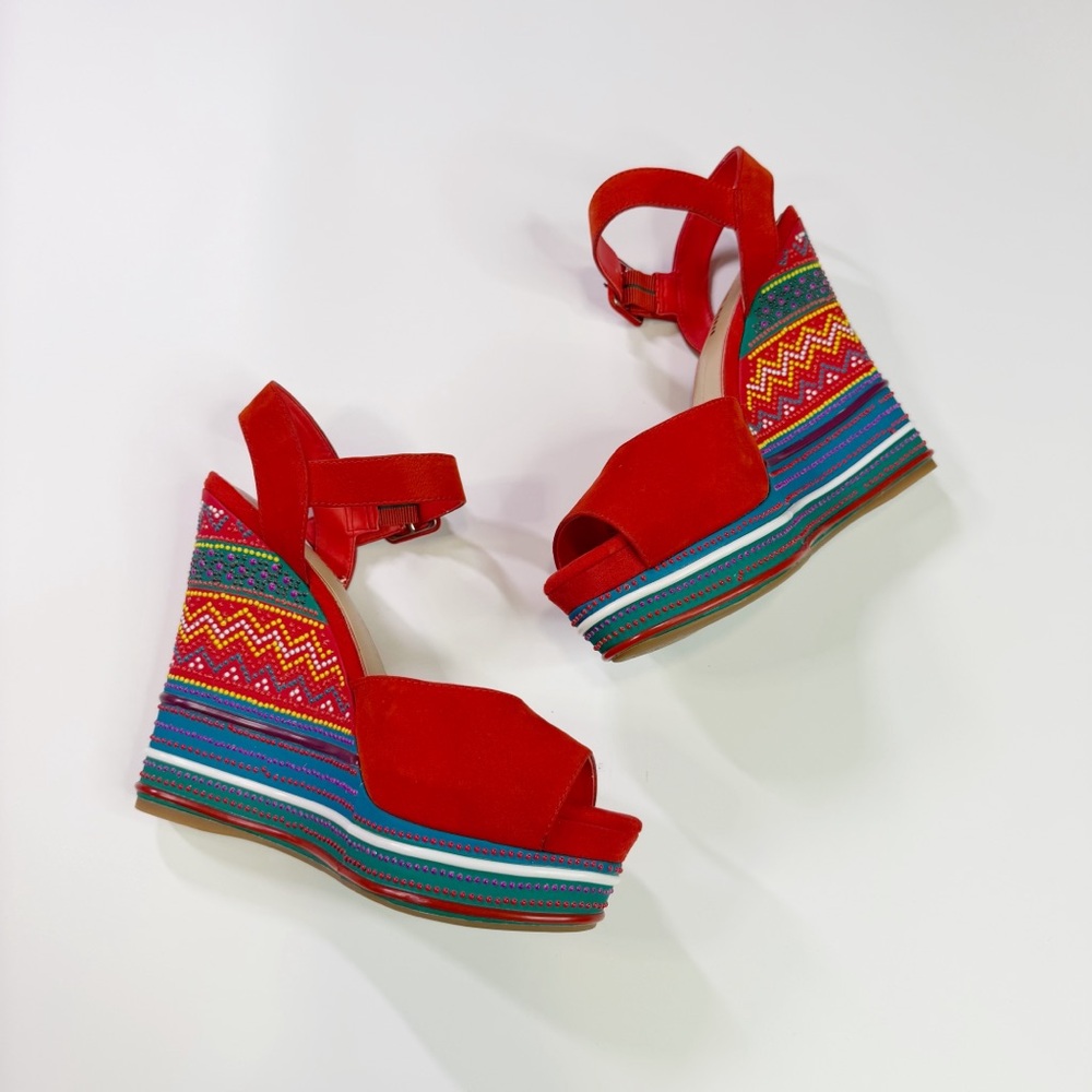 Gianni Bini Red Multicolor Embroidered Wedge Sandals